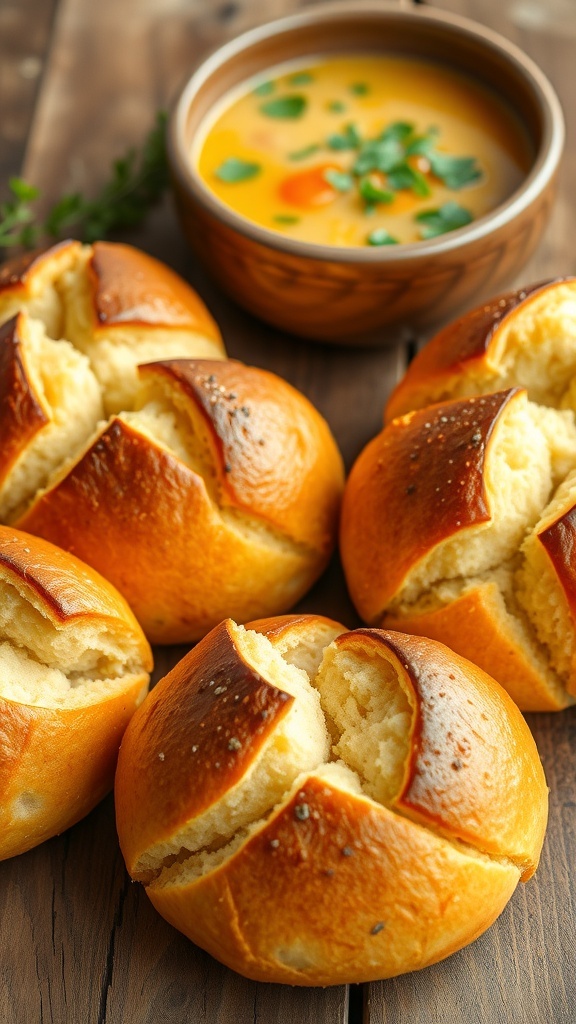 Freshly baked gluten-free bread bowls on a wooden table, ready to be filled with soup.